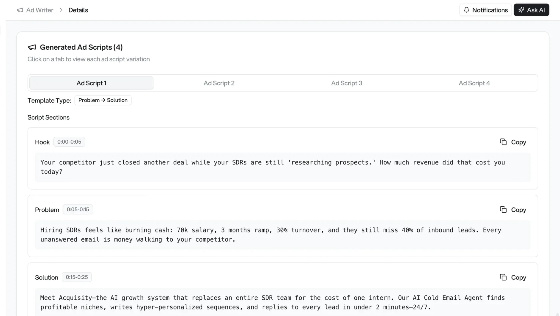 Sellify AI Ads Maker showing generated ad creatives and campaign performance